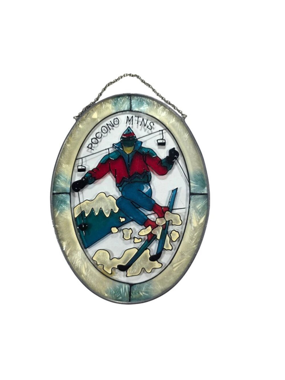 Pocono Mtns Stained Glass Hanging Oval Skiing Suncatcher Vtg JBD outdoor Sport